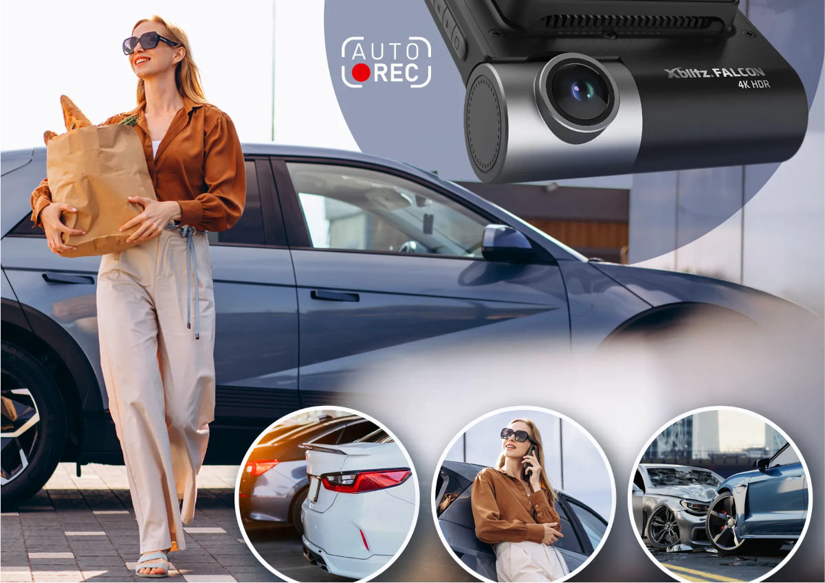 Kobieta z torbą zakupów stoi obok samochodu, a w górnym rogu widoczny jest wideorejestrator z napisem \'XBLITZ FALCON 4K HDR\'. Obok znajduje się symbol \'AUTO REC\', a poniżej trzy okrągłe zdjęcia przedstawiające tył samochodu, kobietę rozmawiającą przez telefon i zderzenie dwóch aut.