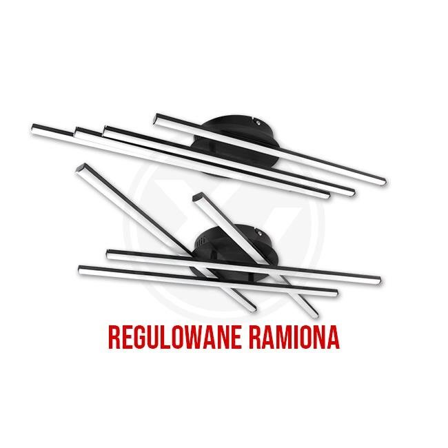 Obraz przedstawia dwa zestawy lamp sufitowych z regulowanymi ramionami w kolorze srebrnym. Na dole widoczny jest tekst: \'REGULOWANE RAMIONA\'.