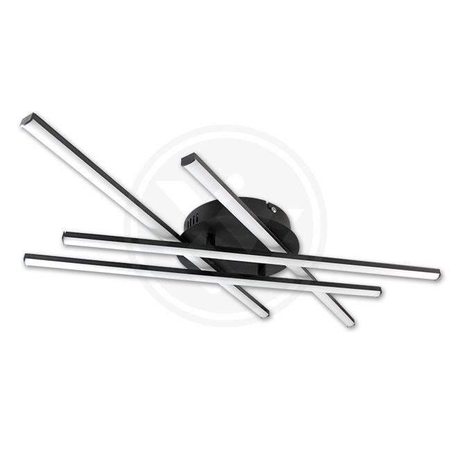 Lampa sufitowa LED z czarną podstawą i kilkoma długimi, prostokątnymi ramionami w kolorze srebrnym, ułożonymi w krzyżujący się wzór.
