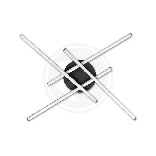 Lampa sufitowa LED z czterema białymi, przecinającymi się ramionami na czarnym, okrągłym tle.