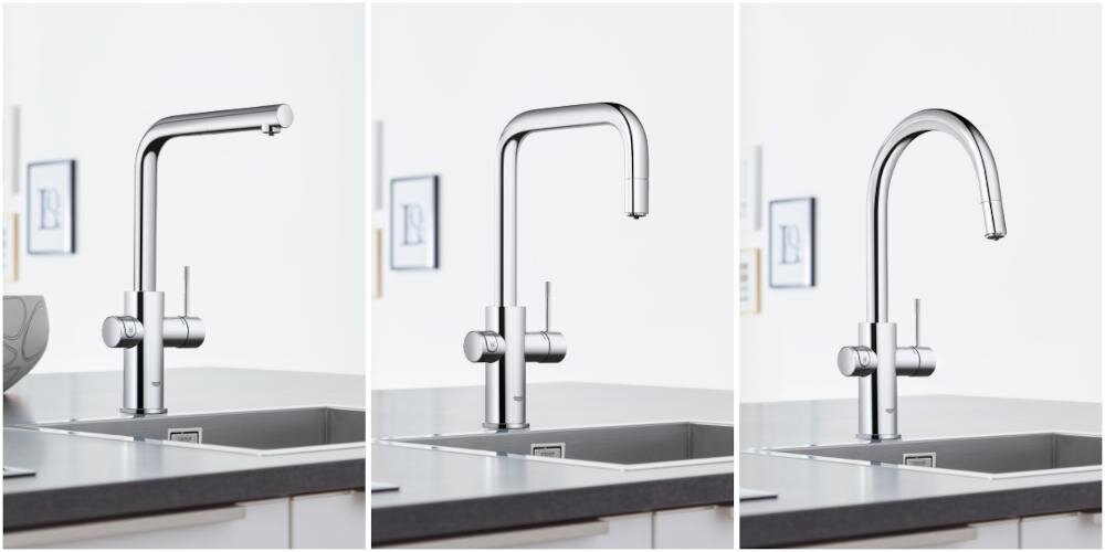Trzy zdjęcia przedstawiają różne modele baterii kuchennych zamontowanych nad zlewem. Każda bateria ma metaliczne wykończenie i nowoczesny design.