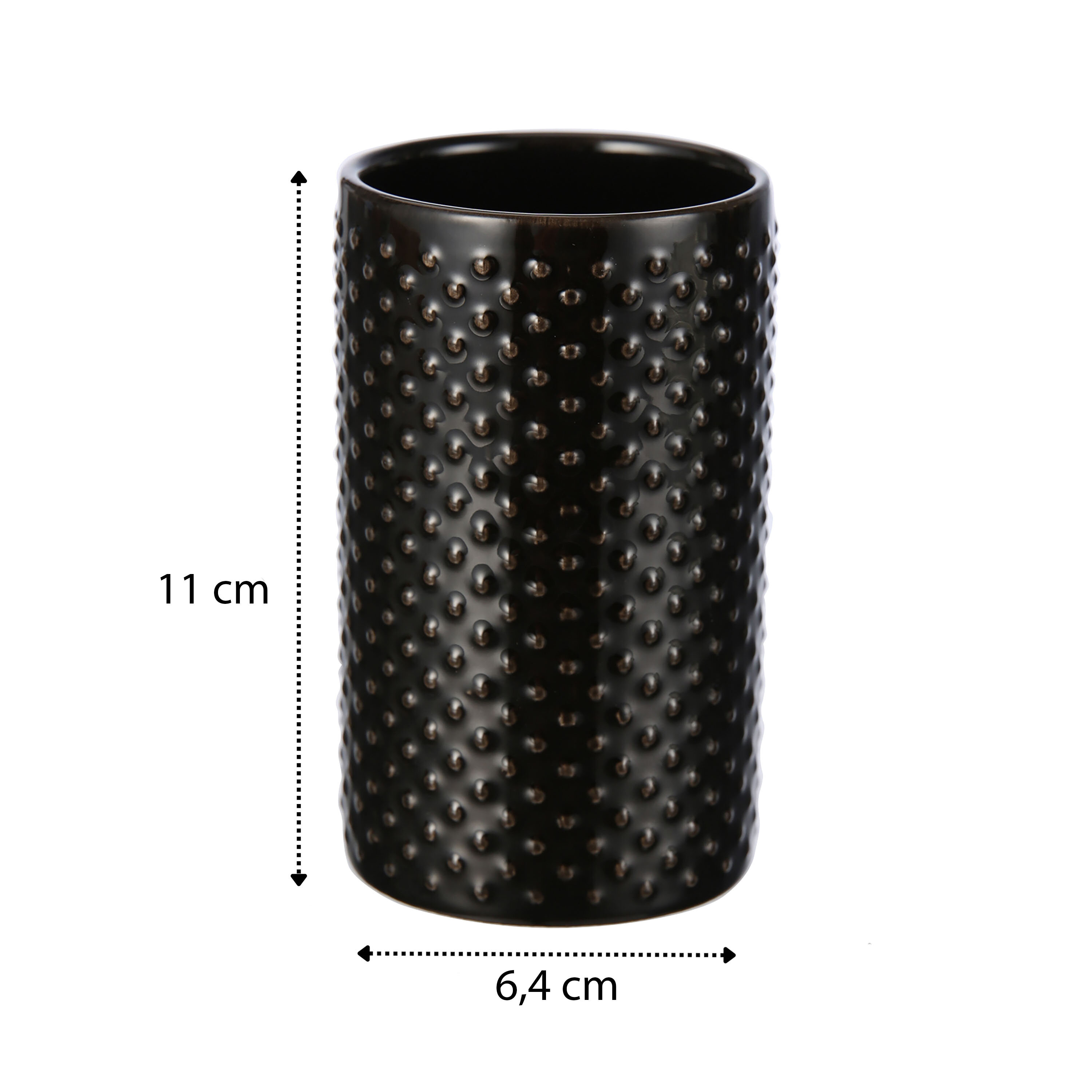Czarny kubek łazienkowy z wypukłymi kropkami na powierzchni, o wysokości 11 cm i średnicy 6,4 cm.
