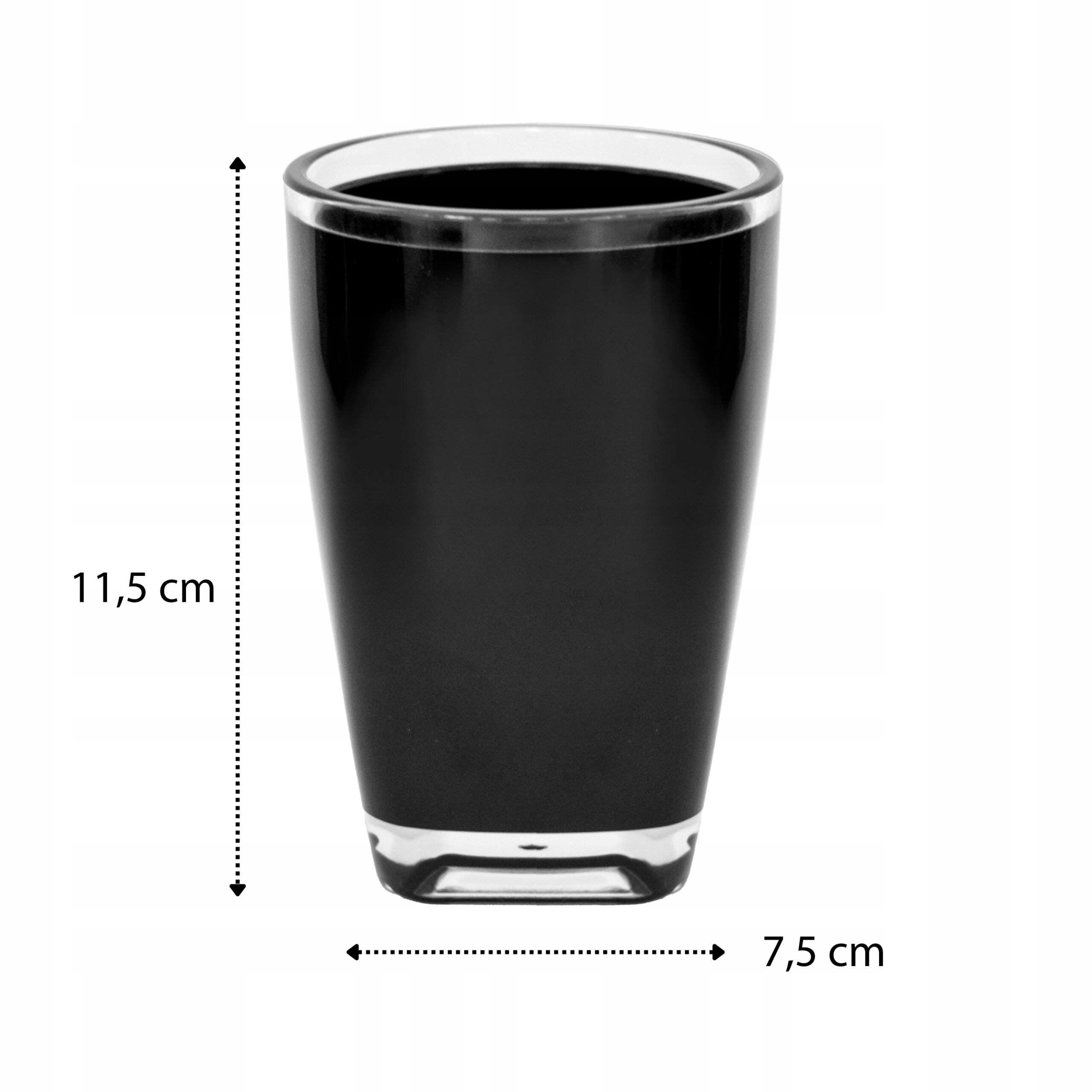 Czarny kubek łazienkowy o wysokości 11,5 cm i średnicy 7,5 cm. Kubek ma prosty, elegancki design z przezroczystym obrzeżem u góry.