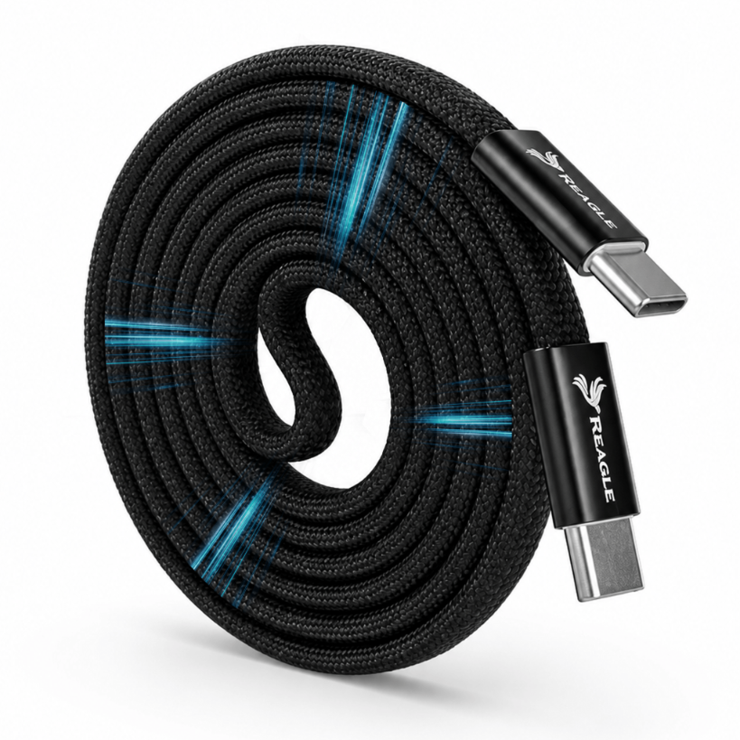 Czarny, pleciony kabel USB-C zwinięty w krążek z widocznymi końcówkami. Na końcówkach znajduje się logo \'REAGLE\'.