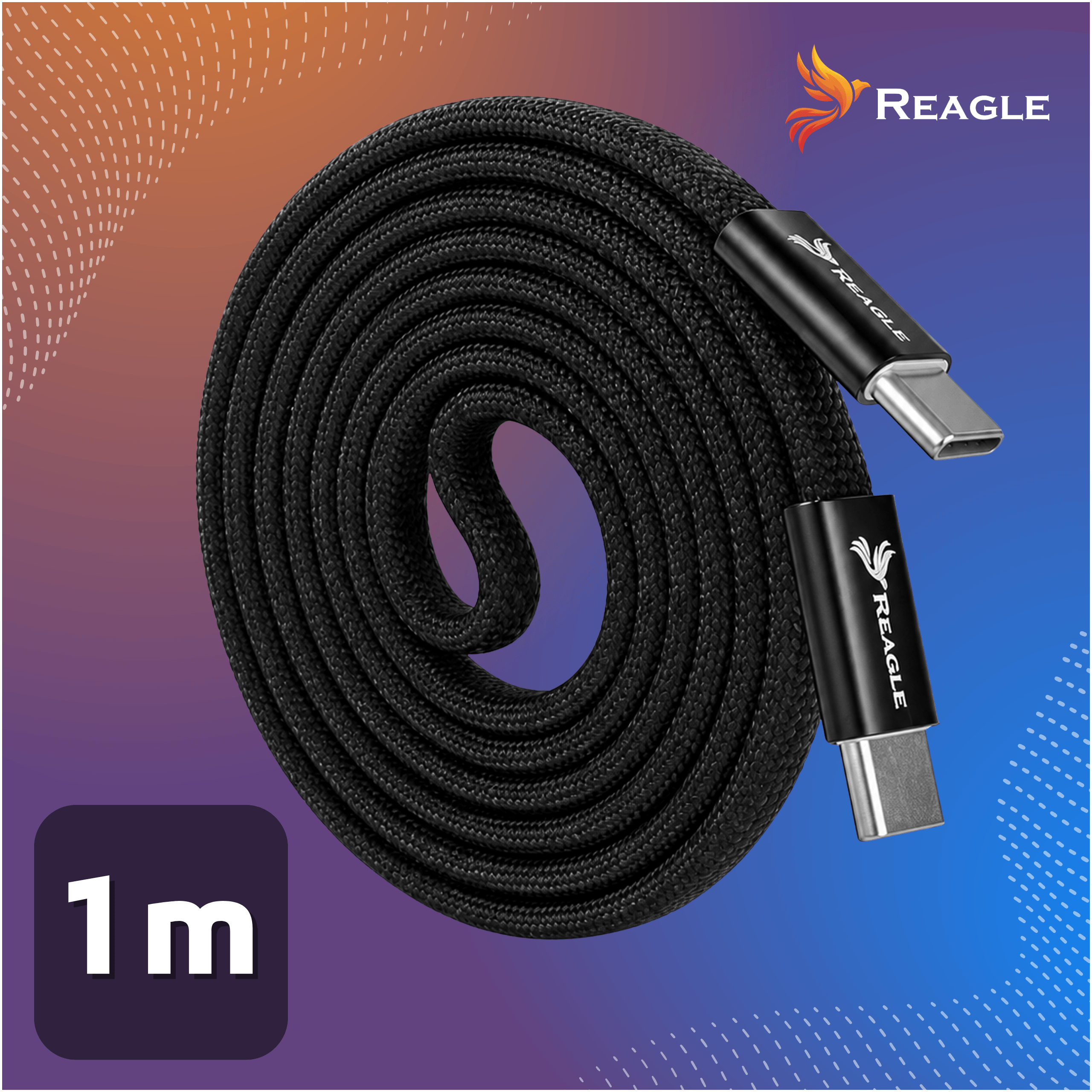 Czarny, pleciony kabel USB-C o długości 1 metra, z widocznym logo \'REAGLE\' na obu końcówkach. Tło jest gradientowe, z logo \'REAGLE\' w prawym górnym rogu.