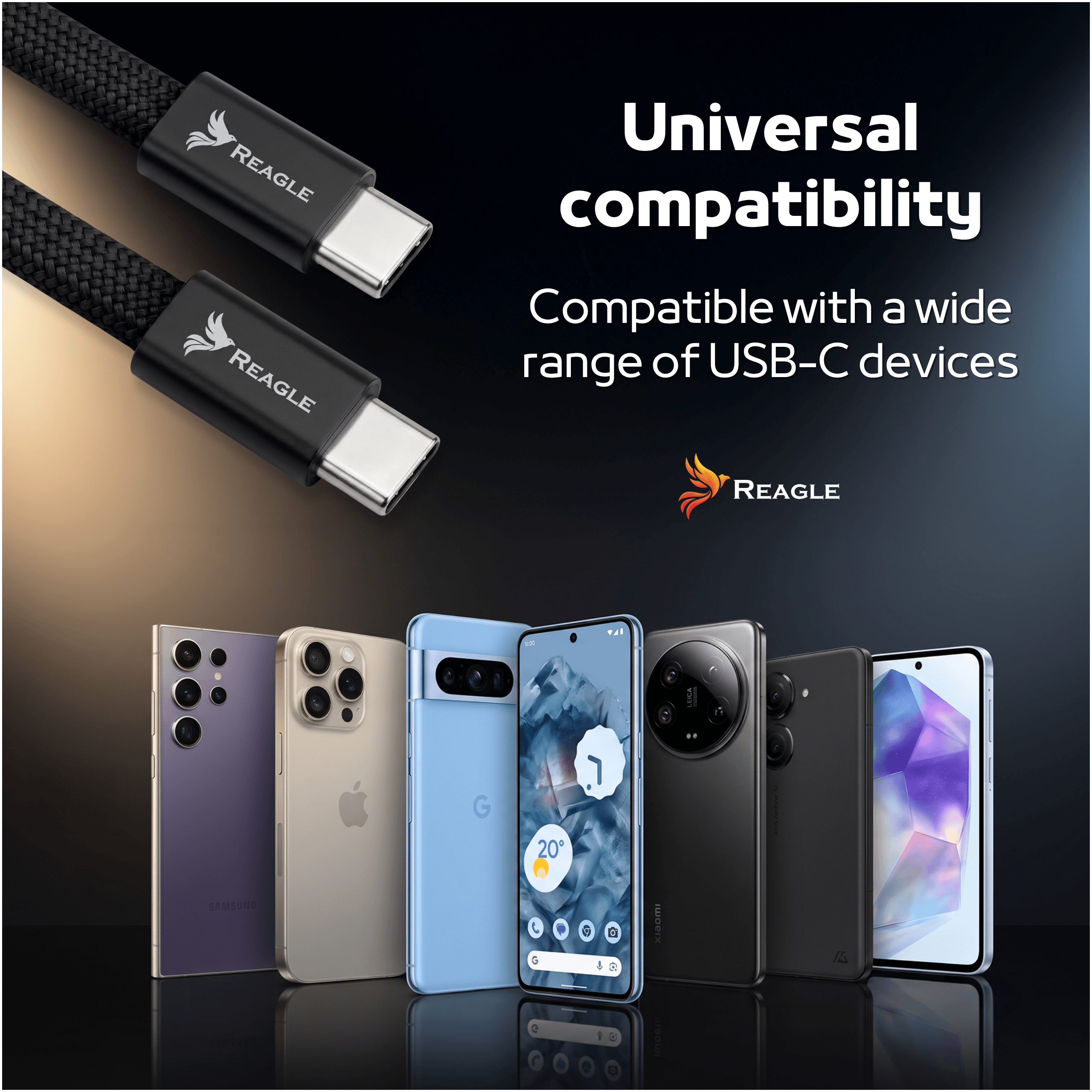 Obraz przedstawia dwa kable USB-C z logo \'REAGLE\' oraz kilka smartfonów. Tekst na obrazie: \'Universal compatibility. Compatible with a wide range of USB-C devices\'.
