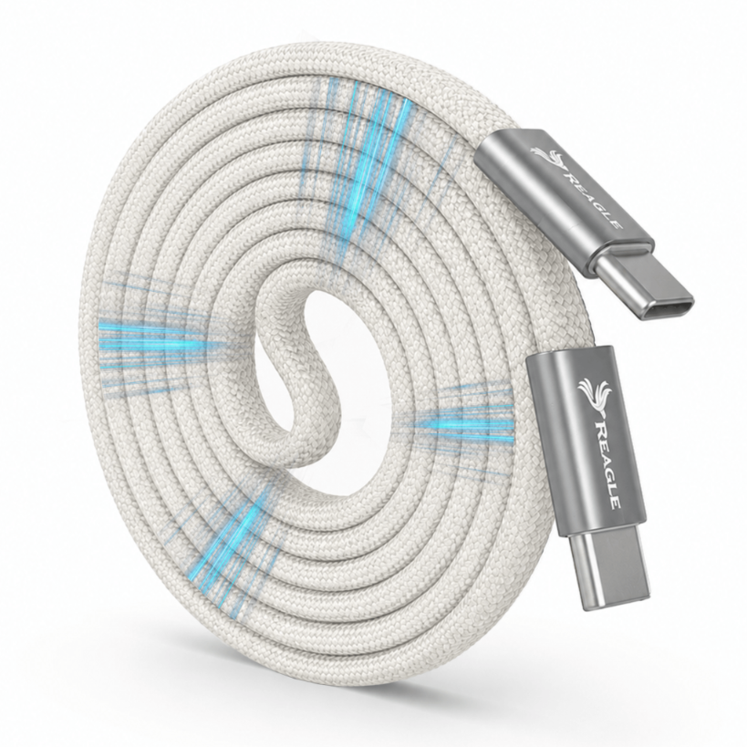 Biały, zwinięty kabel USB-C z metalowymi końcówkami, na których widnieje logo \'REAGLE\'. Kabel ma niebieskie akcenty na oplocie.