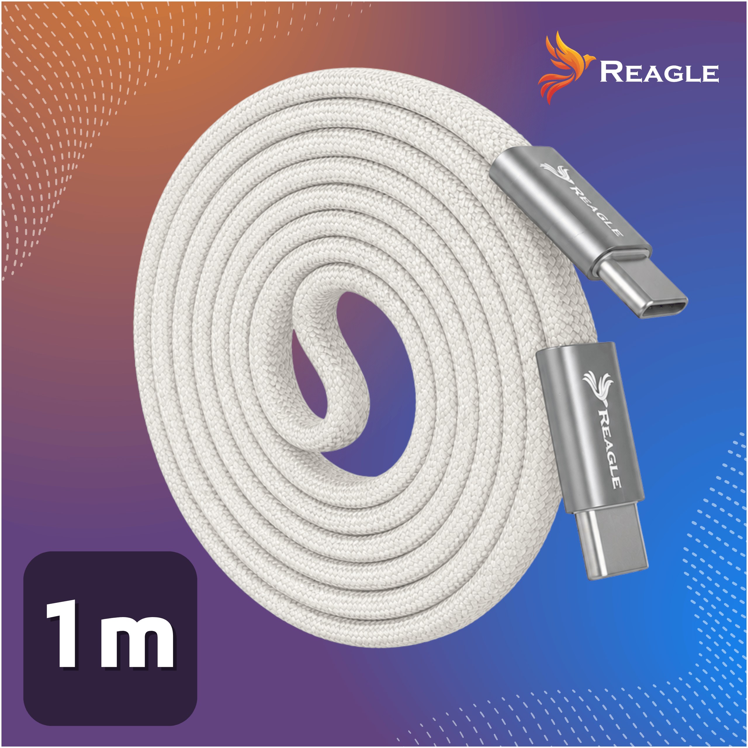 Obraz przedstawia biały, pleciony kabel USB-C zwinięty w spiralę. W prawym górnym rogu widoczne jest logo \'REAGLE\', a w lewym dolnym rogu znajduje się napis \'1 m\'.