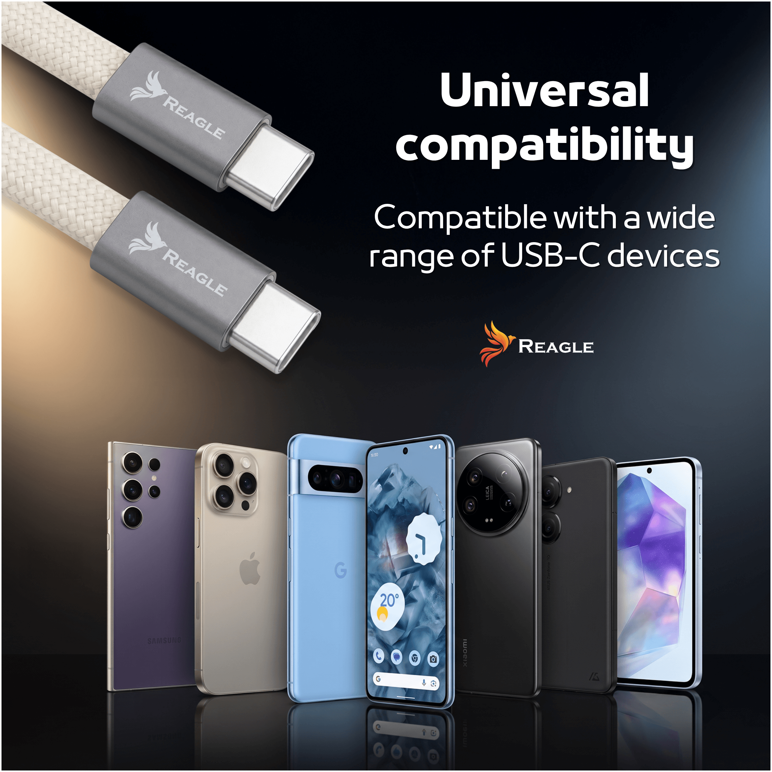 Obraz przedstawia dwa kable USB-C z logo \'REAGLE\' oraz kilka smartfonów. Tekst na obrazie: \'Universal compatibility. Compatible with a wide range of USB-C devices\'.