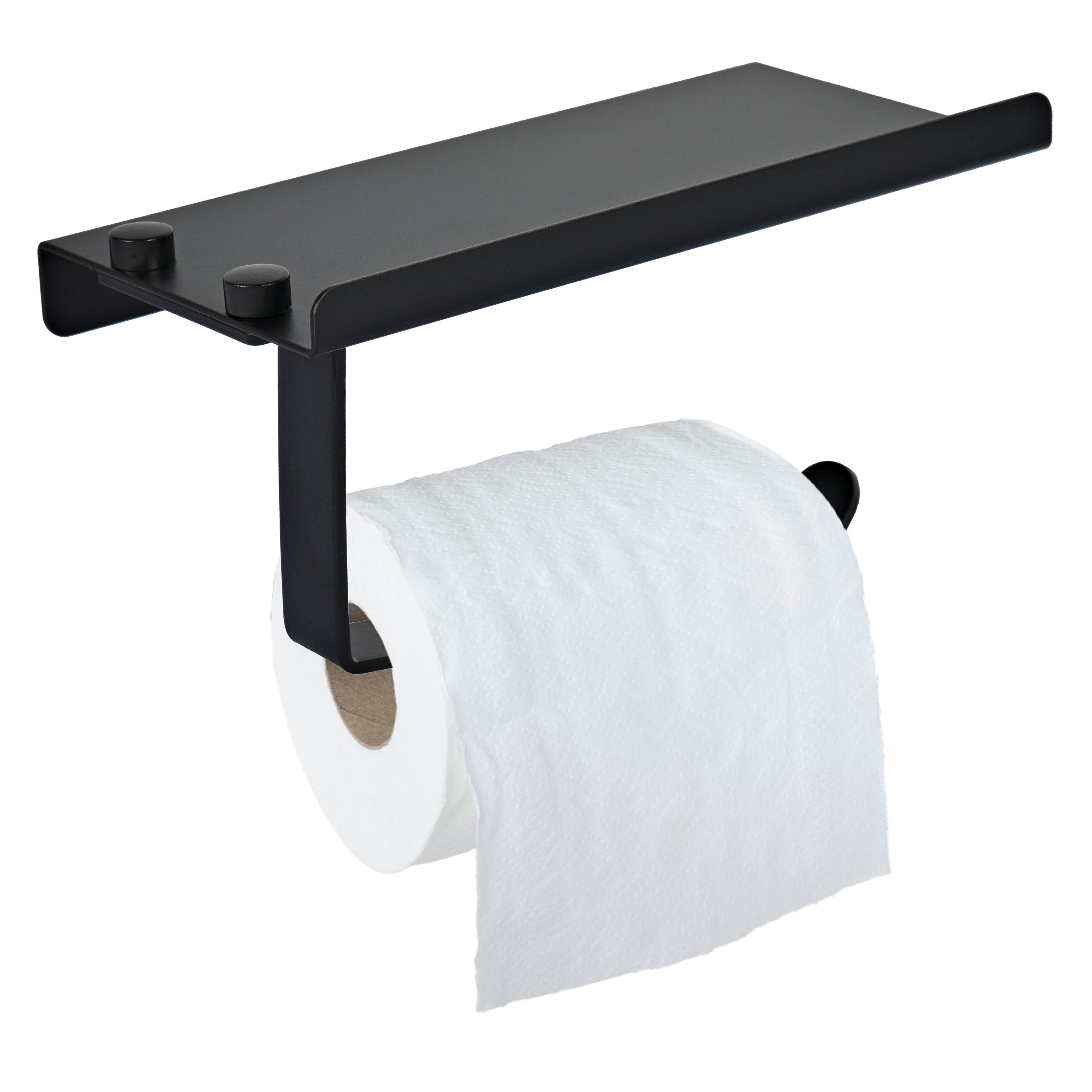 Czarny uchwyt na papier toaletowy z półką, na którym zawieszona jest rolka białego papieru toaletowego. Uchwyt jest solidny i montowany na ścianie.