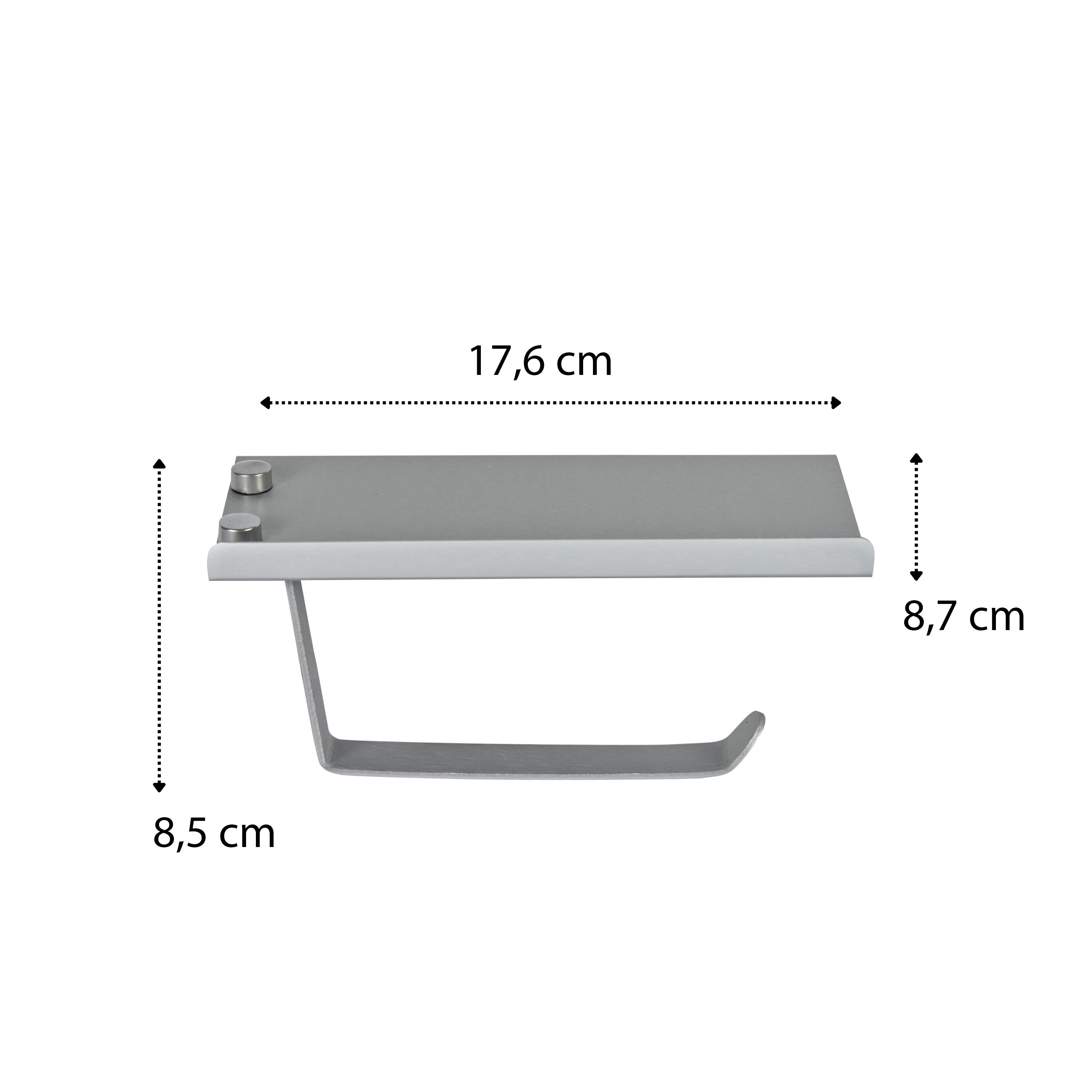 Srebrny uchwyt na papier toaletowy z półką, o wymiarach 17,6 cm szerokości, 8,7 cm wysokości i 8,5 cm głębokości. Produkt ma prosty, nowoczesny design z dwoma widocznymi mocowaniami na górze.