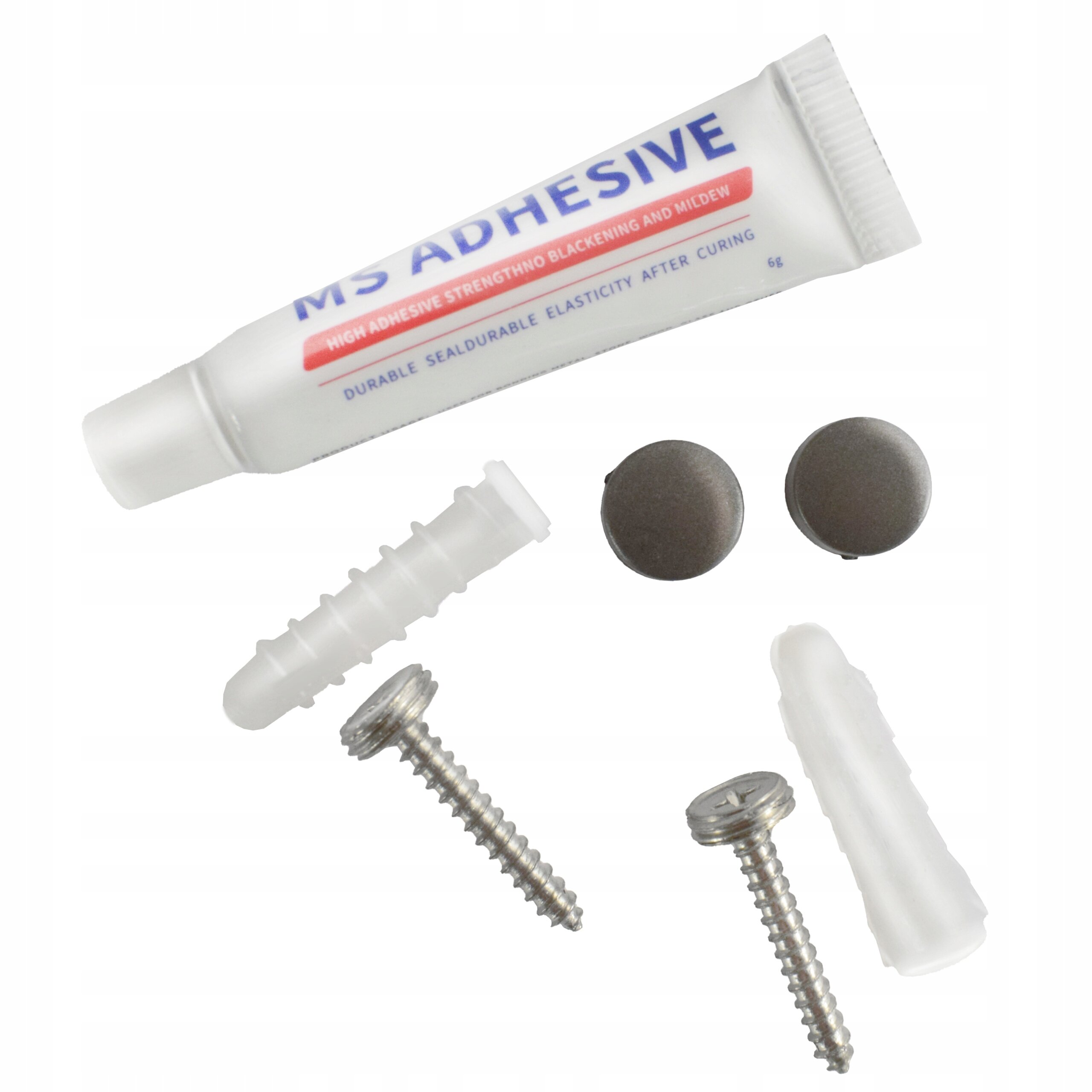Na obrazie znajduje się tubka kleju z napisem \'MS ADHESIVE\' oraz zestaw montażowy składający się z dwóch wkrętów, dwóch kołków rozporowych i dwóch metalowych zaślepek.