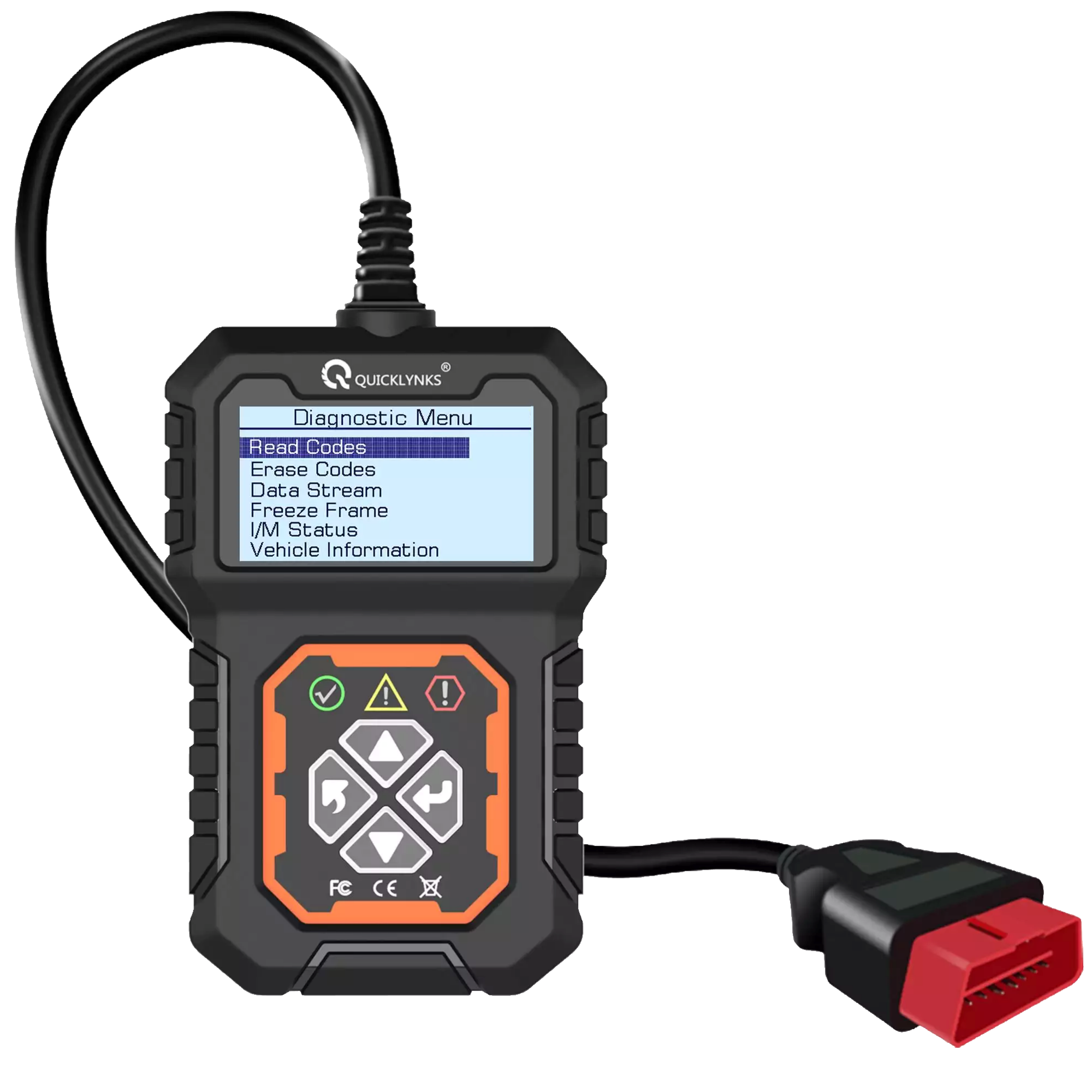 Na obrazie widoczny jest skaner diagnostyczny OBD z wyświetlaczem pokazującym menu: \'Read Codes, Erase Codes, Data Stream, Freeze Frame, I/M Status, Vehicle Information\'. Urządzenie ma czarną obudowę z pomarańczowymi akcentami i logo QUICKLYNKS na górze.