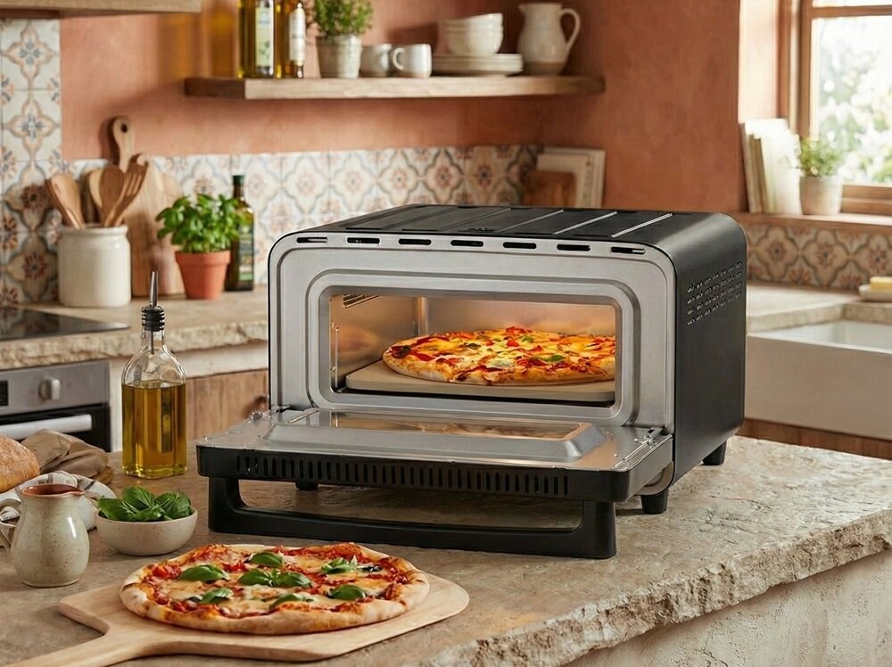 Na blacie kuchennym stoi czarny piec do pizzy z otwartymi drzwiczkami, w którym znajduje się pizza. Obok na desce leży gotowa pizza, a w tle widać kuchenne akcesoria i zioła.