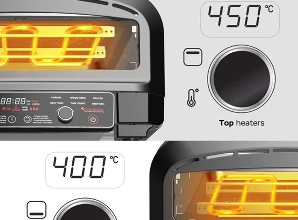 Obraz przedstawia piec do pizzy z podświetlonym wnętrzem i elementami grzewczymi. Na panelu widoczne są temperatury 450°C i 400°C oraz pokrętło z napisem \'Top heaters\'.