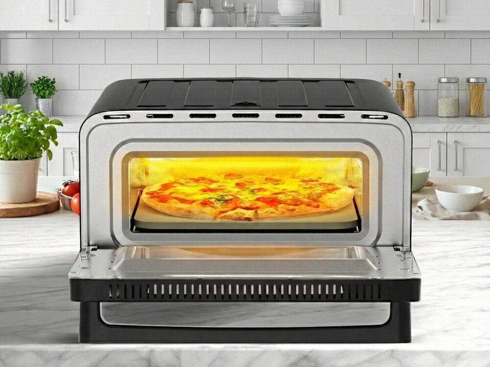 Na obrazie widoczny jest czarny piec do pizzy z otwartymi drzwiczkami, w którym znajduje się pizza. W tle widać kuchnię z białymi szafkami i różnymi akcesoriami kuchennymi.