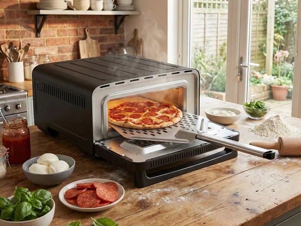 Czarny piec do pizzy z widoczną pizzą na łopatce, umieszczony na drewnianym stole w kuchni. Obok znajdują się składniki do pizzy, takie jak ser, salami, bazylia i mąka.