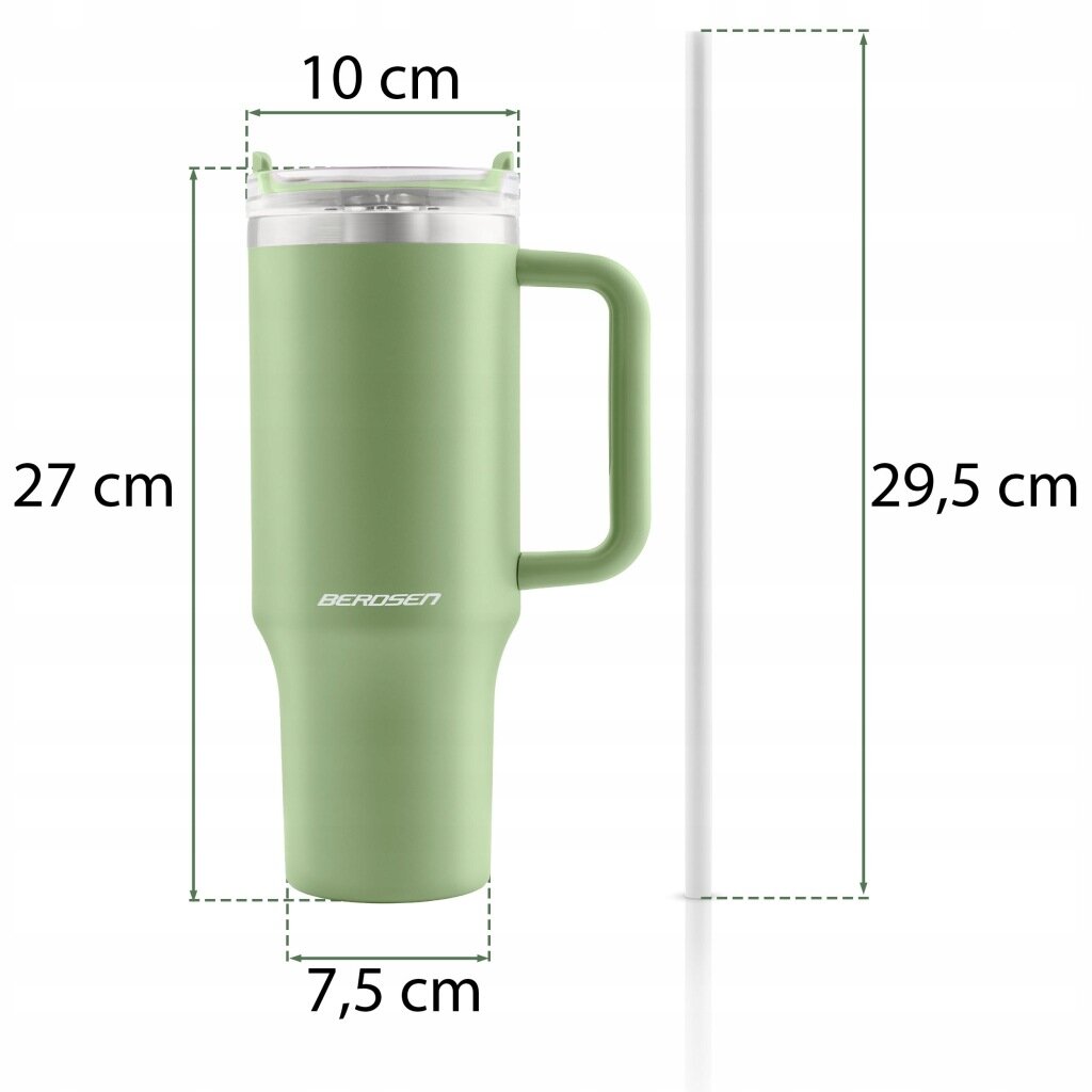 Zielony kubek termiczny z uchwytem, o wysokości 27 cm i średnicy 10 cm, z logo \'BERDSEN\'. Obok znajduje się słomka o długości 29,5 cm.