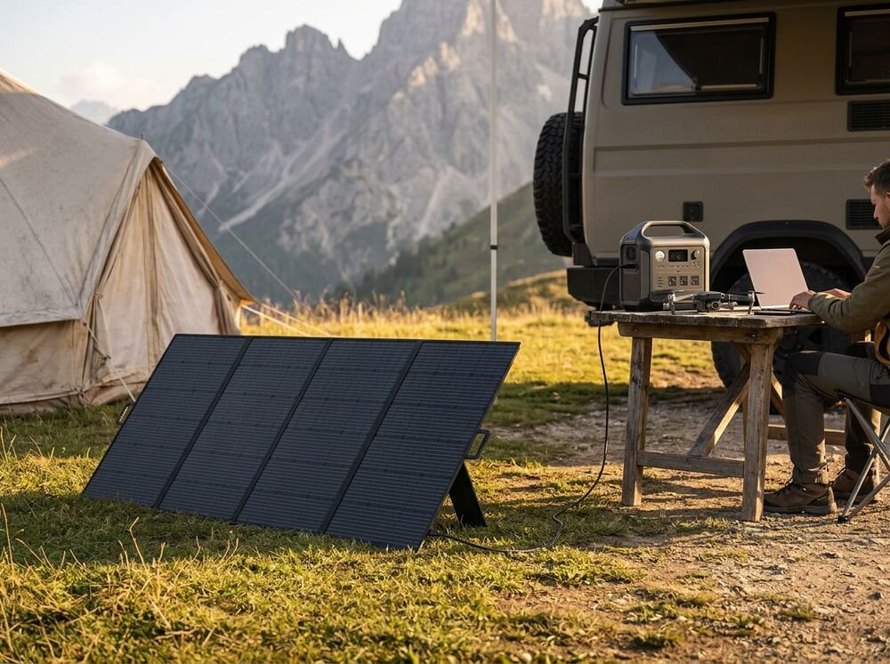 Panel fotowoltaiczny FOSSIBOT SP420 420W Czarny, ładowanie, moduł, sprawność, prąd, Panel solarny podłączony do stacji zasilania w plenerze.   