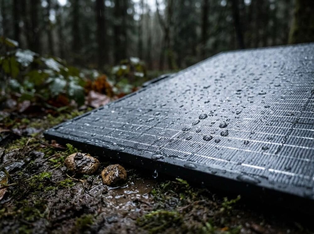 Panel fotowoltaiczny FOSSIBOT SP420 420W Czarny, laminat, ochrona, woda, trwałość, Zbliżenie na krople wody na powierzchni panelu solarnego.   