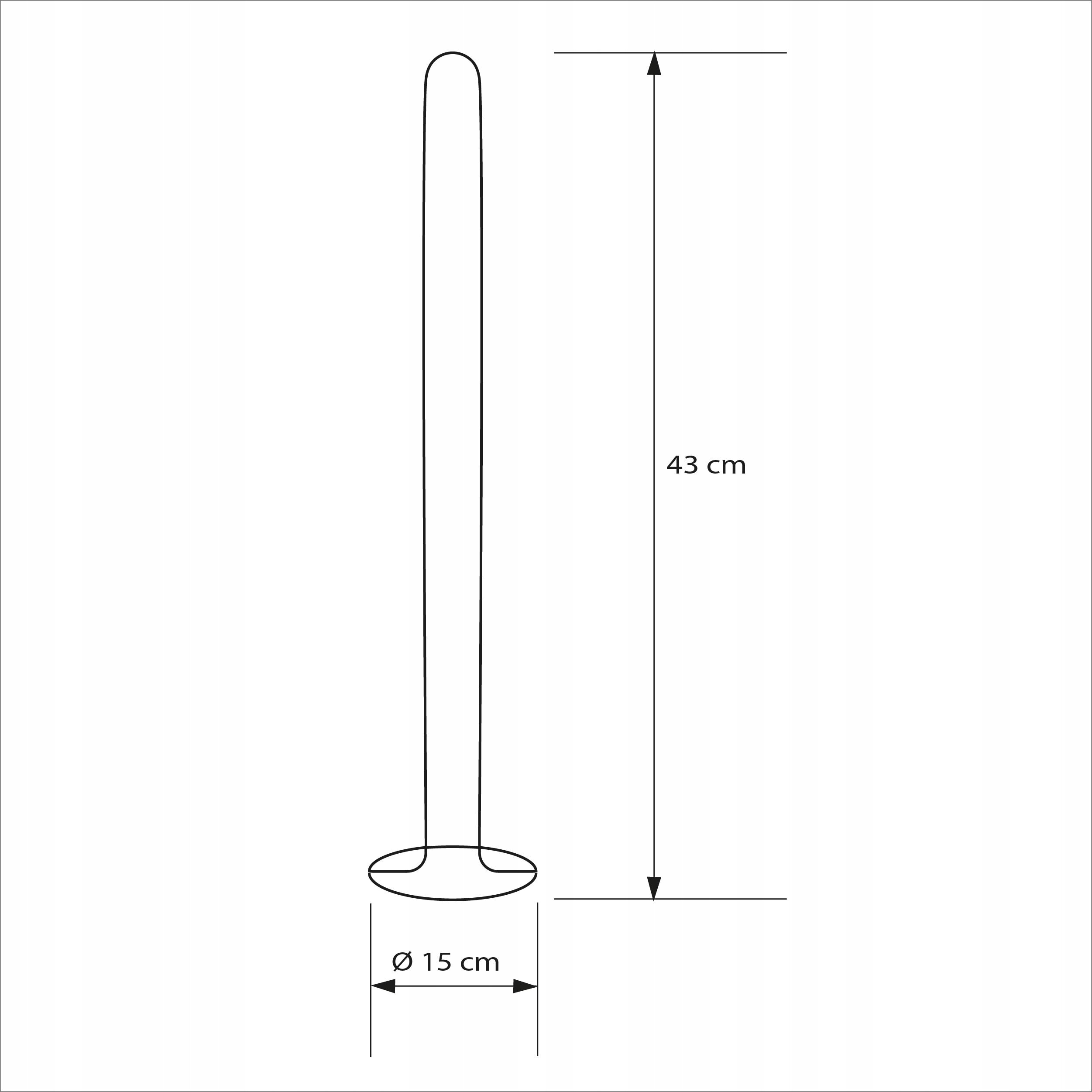 Schemat stojaka na papier toaletowy z wymiarami: wysokość 43 cm, średnica podstawy 15 cm.