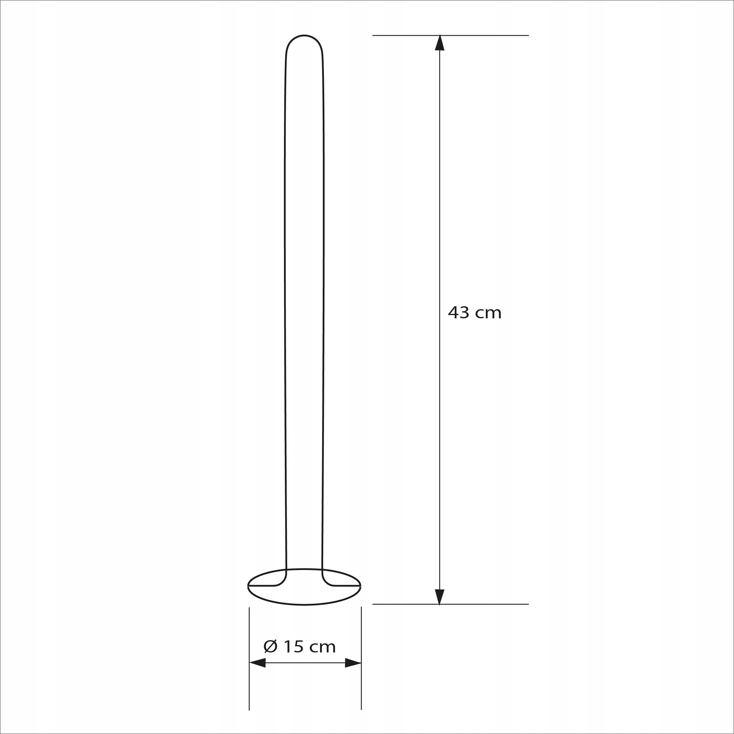Schemat stojaka na papier toaletowy z wymiarami: wysokość 43 cm i średnica podstawy 15 cm.