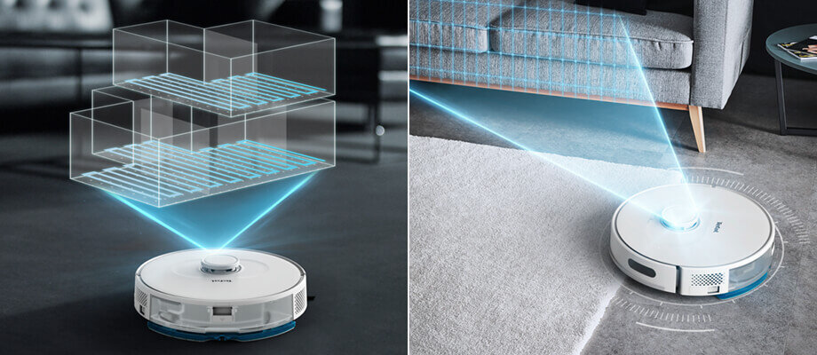Obraz przedstawia biały robot sprzątający z logo TEFAL, który skanuje przestrzeń za pomocą niebieskiego światła. W tle widoczna jest kanapa i stolik, a robot porusza się po dywanie.