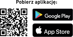 Dwa przyciski z napisami: \'Google Play\' i \'App Store\', na czarnym tle.