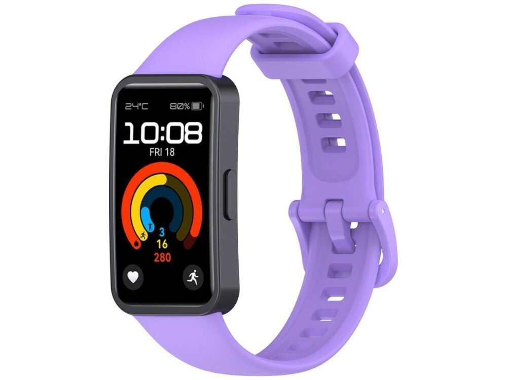 Smartwatch z lawendowym paskiem, na ekranie widoczny jest kolorowy wykres, godzina 10:08, data FRI 18 oraz ikony serca i biegania. W górnym rogu wyświetlacza widnieje temperatura 24°C i poziom naładowania baterii 80%.