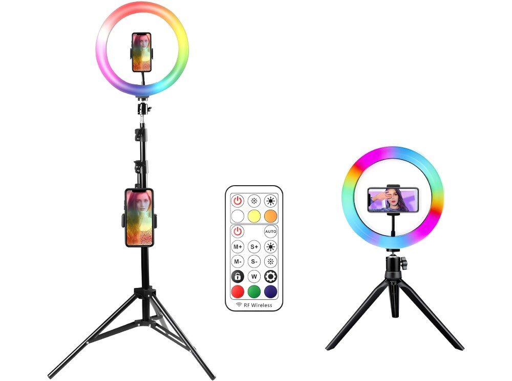 Obraz przedstawia dwie lampy pierścieniowe RGB na statywach, z uchwytami na smartfony. Obok znajduje się pilot z przyciskami do sterowania lampami, oznaczony jako \'RF Wireless\'.