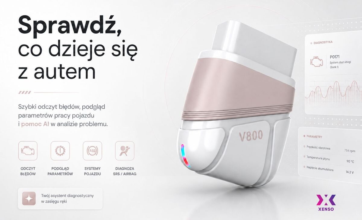 Interfejs diagnostyczny XENSO V800, Bluetooth 5.1, aplikacja, AI, kody błędów, Podgląd parametrów pracy silnika i systemów auta.