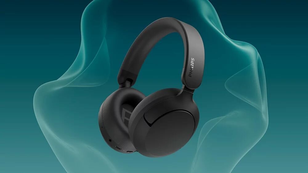 Słuchawki nauszne PHILIPS TAH6000BK ANC, adaptacyjna redukcja szumów, tryb Awareness, Quick Awareness, słuchawki na turkusowym tle