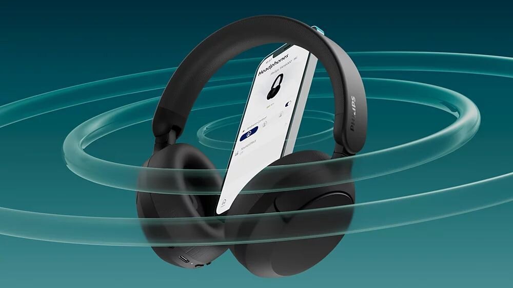 Słuchawki nauszne PHILIPS TAH6000BK ANC, Bluetooth 6.0, multipoint, Android Fast Pair, Microsoft Swift Pair, słuchawki z telefonem na turkusowym tle