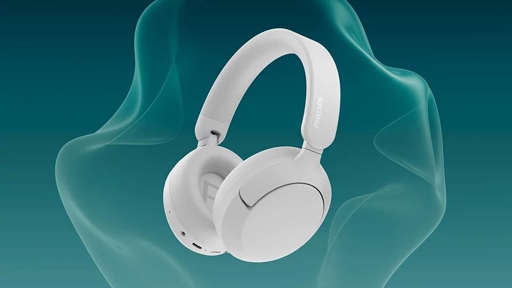 Słuchawki nauszne PHILIPS TAH6000WT ANC, adaptacyjna redukcja szumów, tryb Awareness, Quick Awareness, słuchawki na turkusowym tle