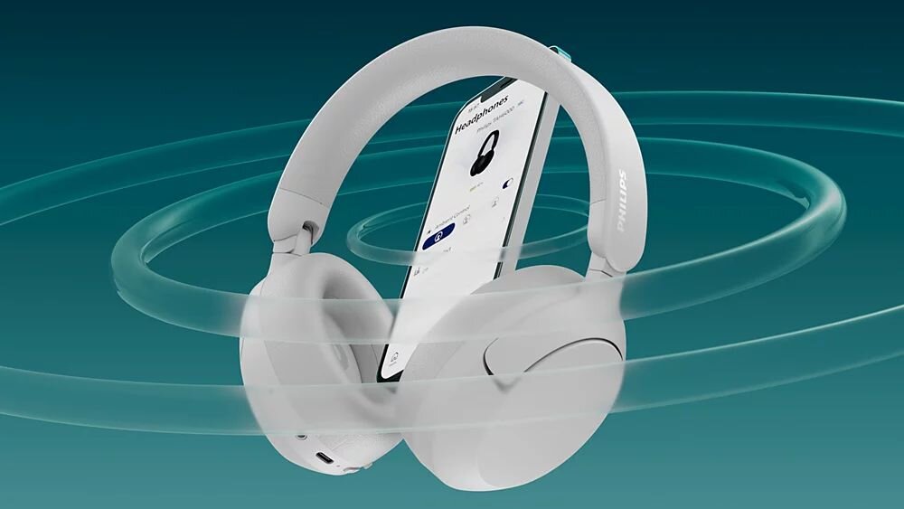 Słuchawki nauszne PHILIPS TAH6000WT ANC, Bluetooth 6.0, multipoint, Android Fast Pair, Microsoft Swift Pair, słuchawki z telefonem na turkusowym tle