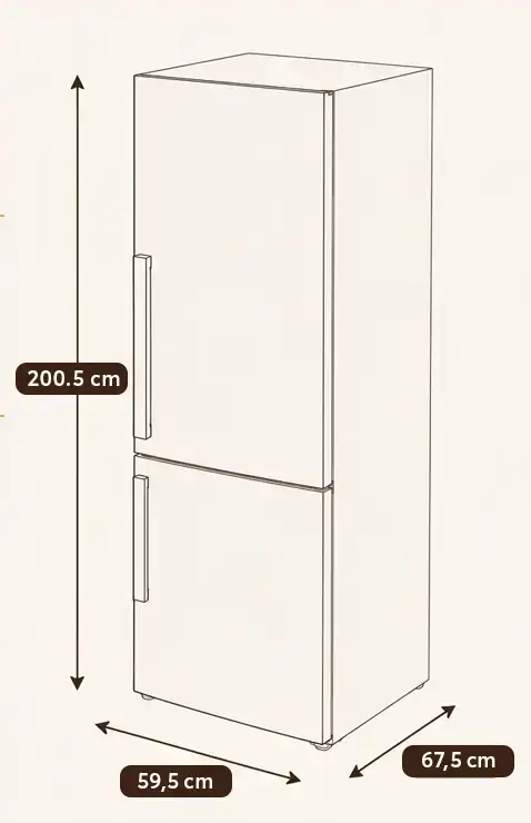 Schemat lodówki z oznaczeniami wymiarów: wysokość 200,5 cm, szerokość 59,5 cm, głębokość 67,5 cm.