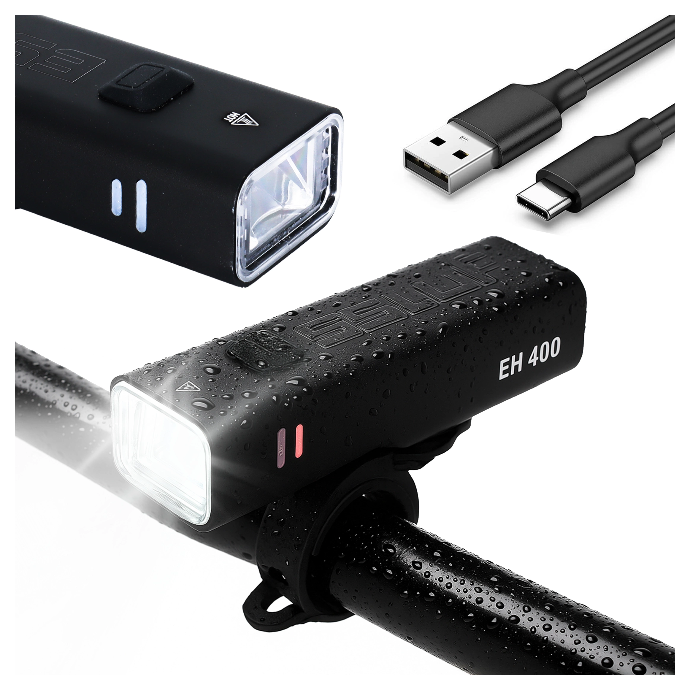 Czarna lampka rowerowa z napisem \'EH 400\' zamontowana na kierownicy, z widocznymi kroplami wody na obudowie. Obok znajduje się kabel USB-C do ładowania.