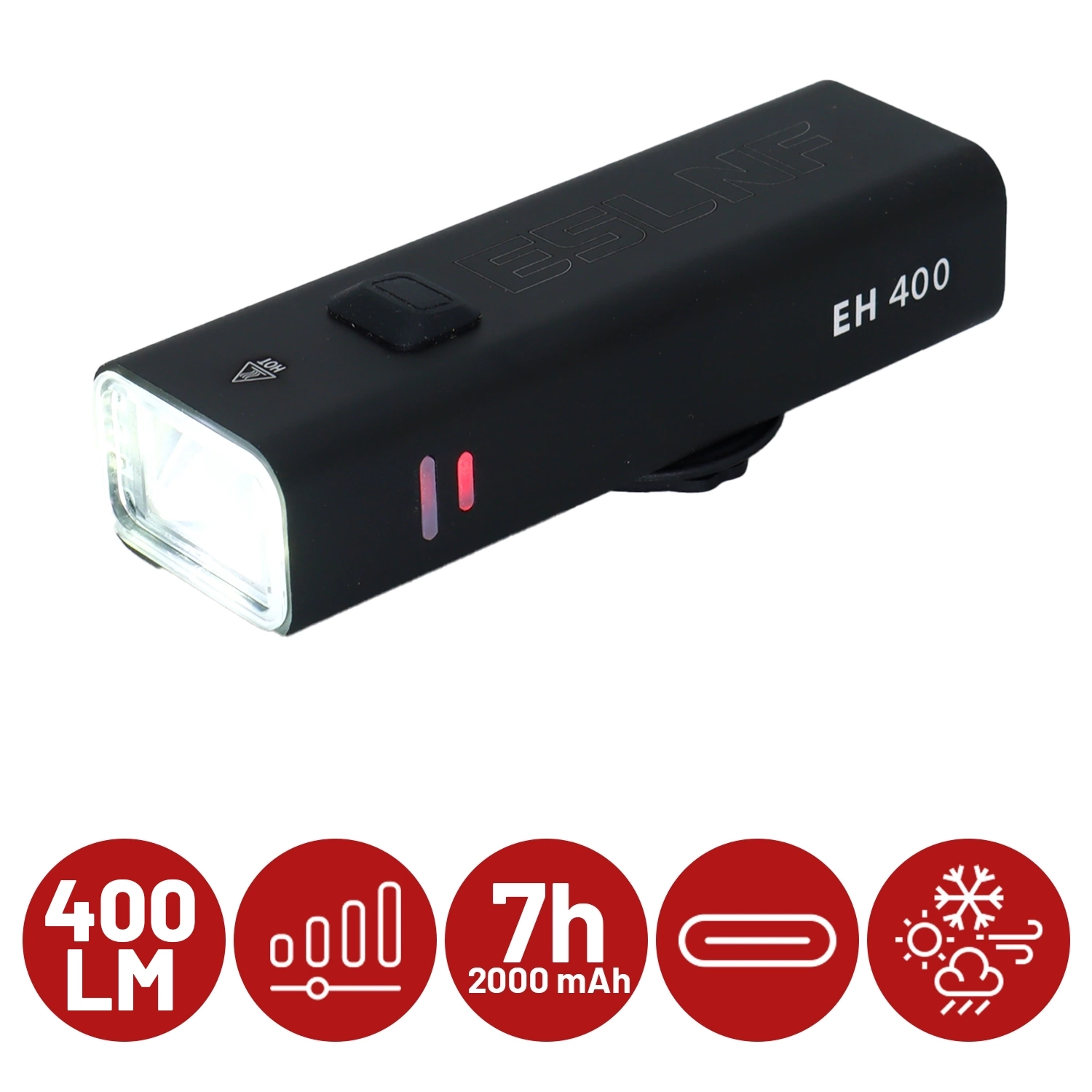 Czarna lampka rowerowa z napisem \'EH 400\' i dwoma czerwonymi wskaźnikami. Poniżej znajdują się ikony z napisami: \'400 LM\', \'7h 2000 mAh\'.