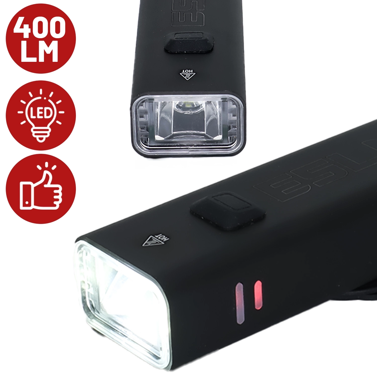 Czarna lampka rowerowa z przodu z widocznym przyciskiem i oznaczeniem \'HOT\'. Obok znajdują się trzy czerwone ikony: \'400 LM\', żarówka z napisem \'LED\' oraz kciuk w górę.