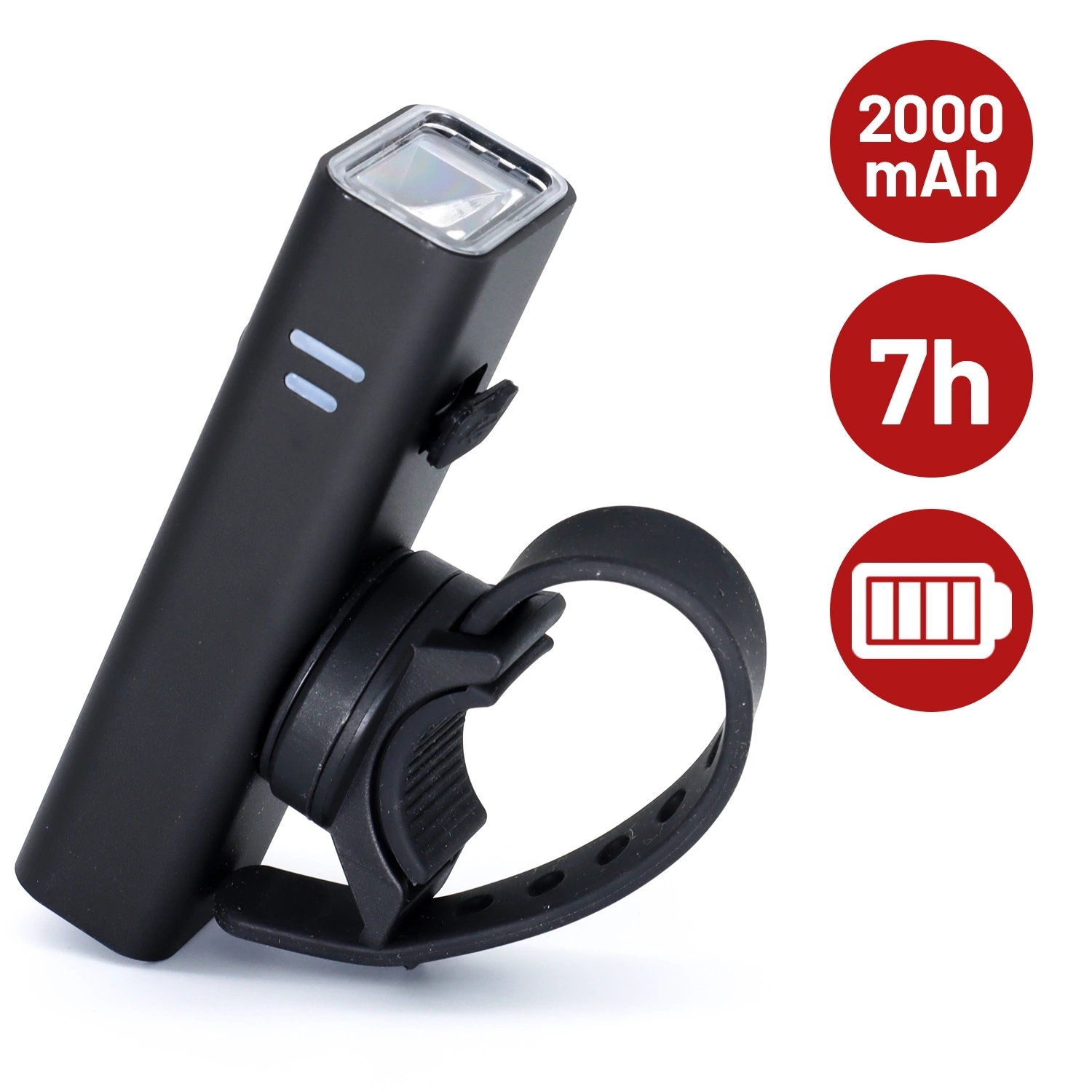 Czarna lampka rowerowa z uchwytem montażowym, obok której znajdują się trzy czerwone okrągłe ikony z białymi napisami: \'2000 mAh\', \'7h\' oraz ikona baterii.