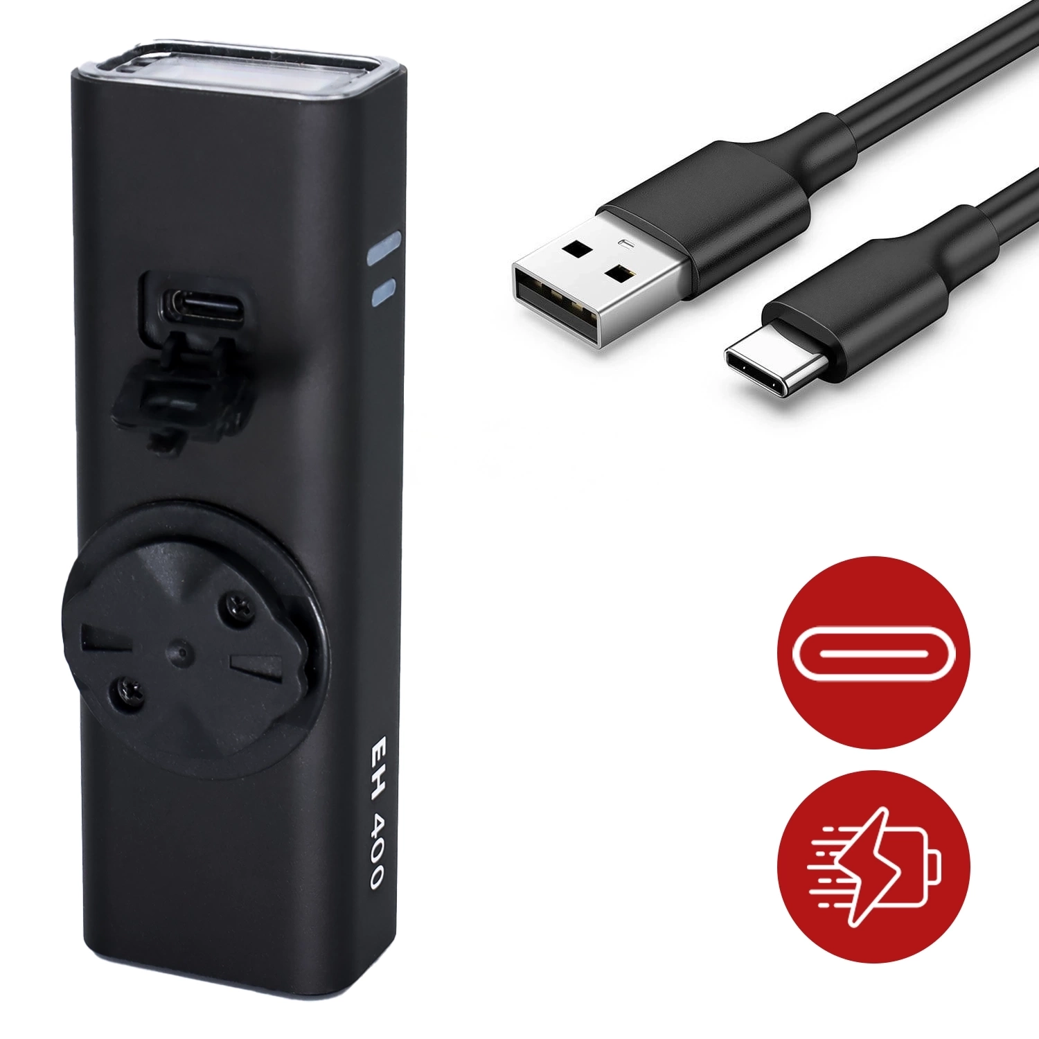 Czarna lampka rowerowa z napisem \'EH 400\' oraz portem USB, obok znajduje się kabel USB-C. Na dole dwa czerwone symbole: jeden przedstawia port USB-C, drugi symbolizuje szybkie ładowanie.