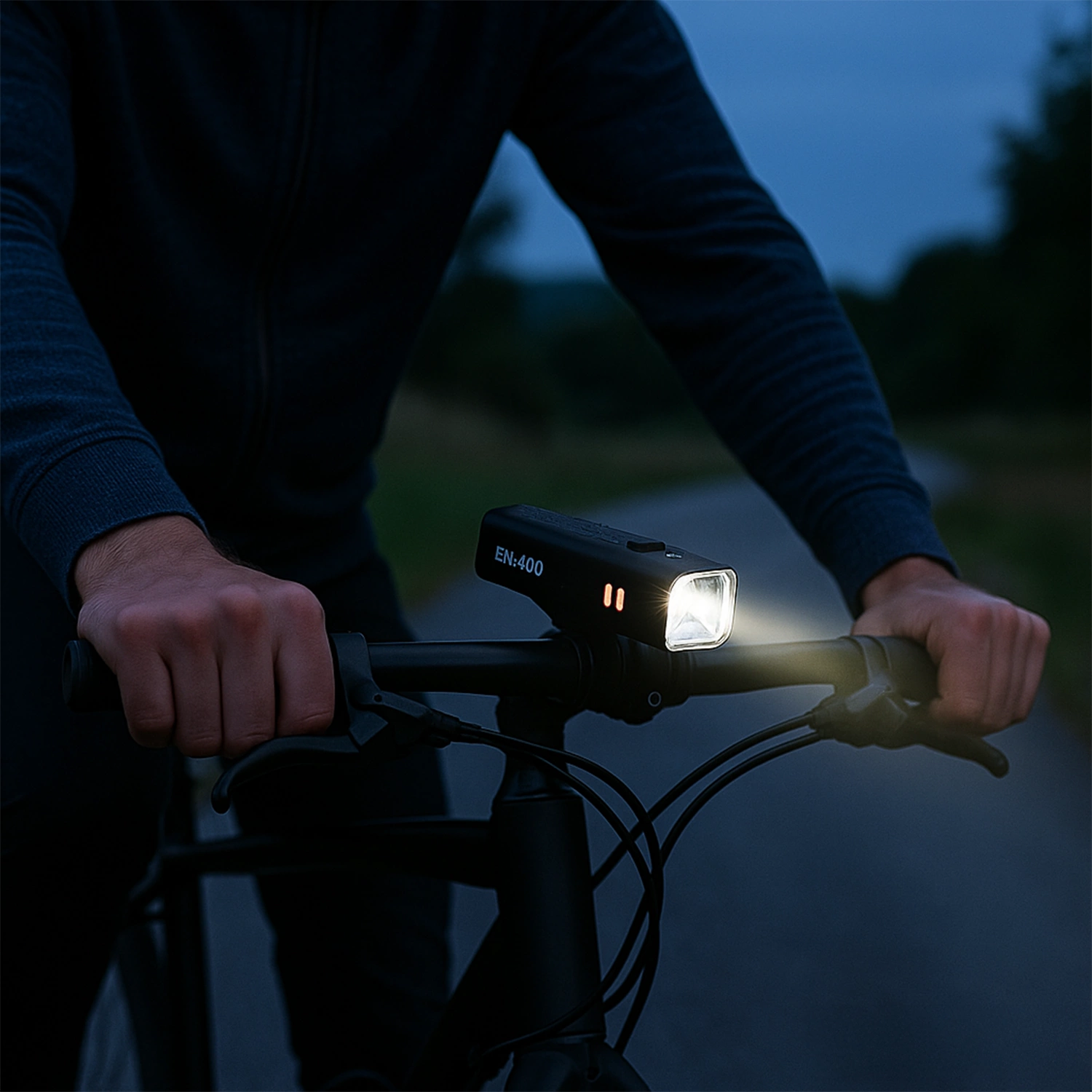 Osoba trzyma kierownicę roweru, na której zamontowana jest czarna lampka rowerowa emitująca jasne światło. Na lampce widoczny jest napis \'EN-400\'.