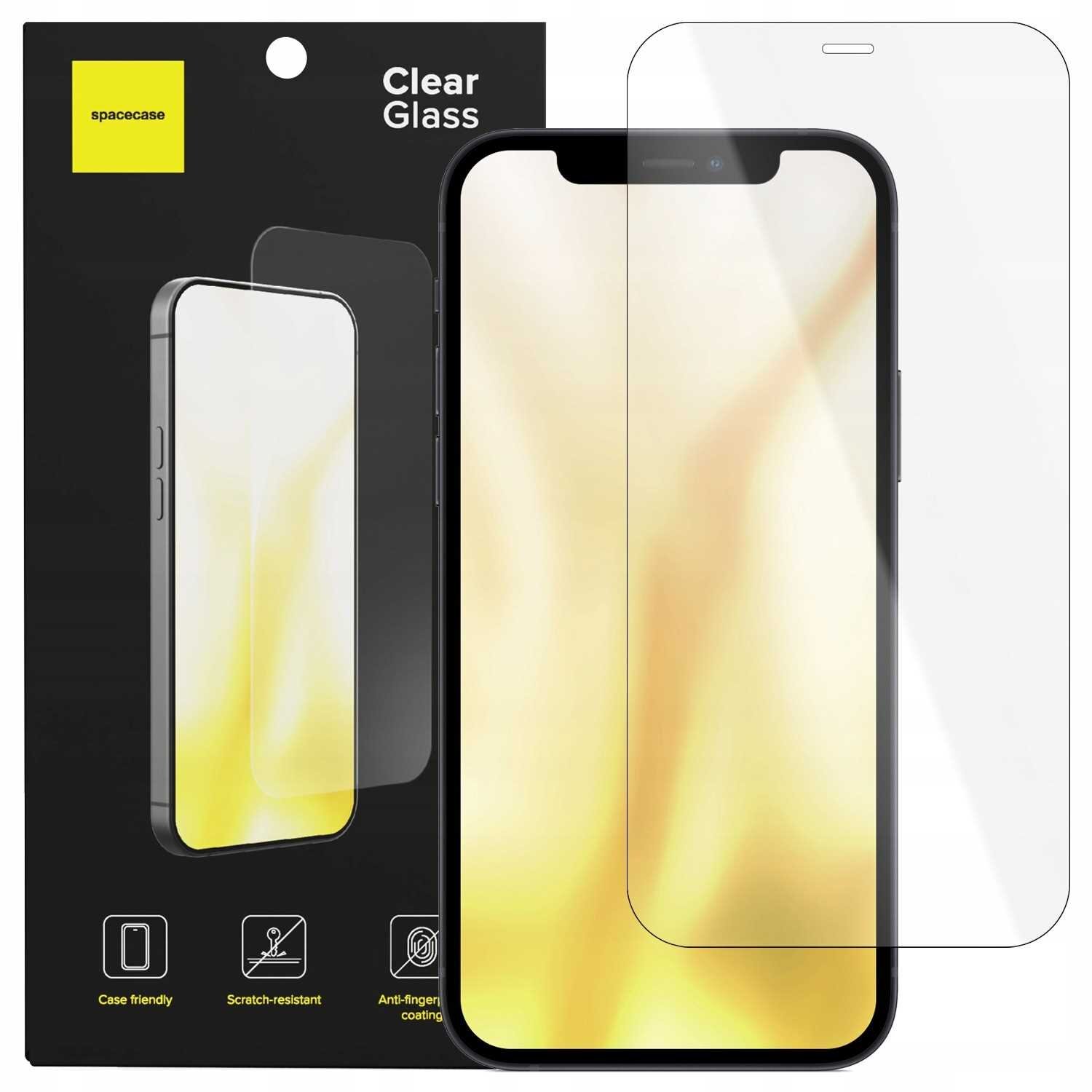 Na obrazie widoczne jest opakowanie szkła hartowanego SPACECASE Clear Glass oraz samo szkło nałożone na ekran telefonu. Na opakowaniu znajdują się napisy: \'spacecase\', \'Clear Glass\', oraz ikony z opisami: \'Case friendly\', \'Scratch-resistant\', \'Anti-fingerprint coating\'.