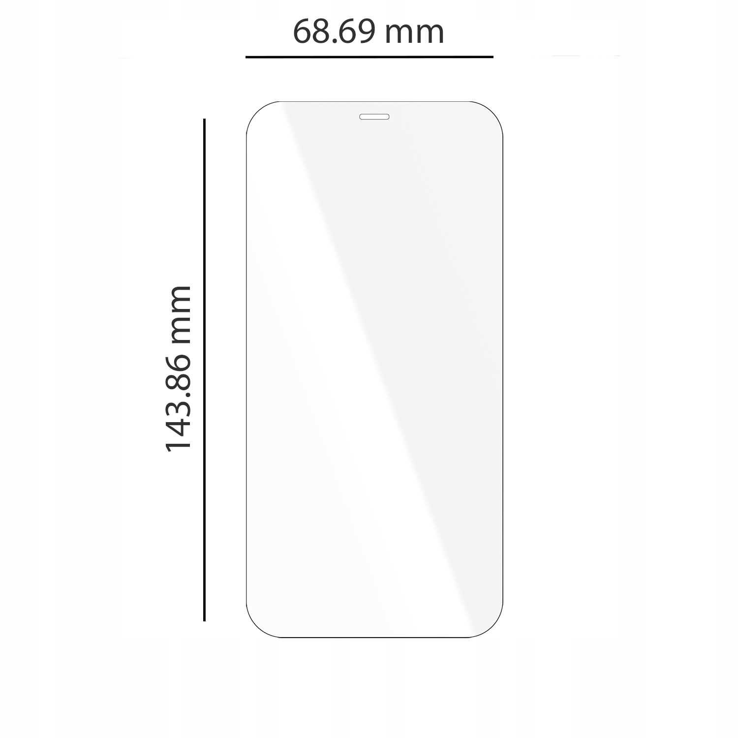 Obraz przedstawia szkło hartowane o wymiarach 68.69 mm na 143.86 mm, przeznaczone do telefonu. Szkło ma zaokrąglone rogi i wycięcie na głośnik.