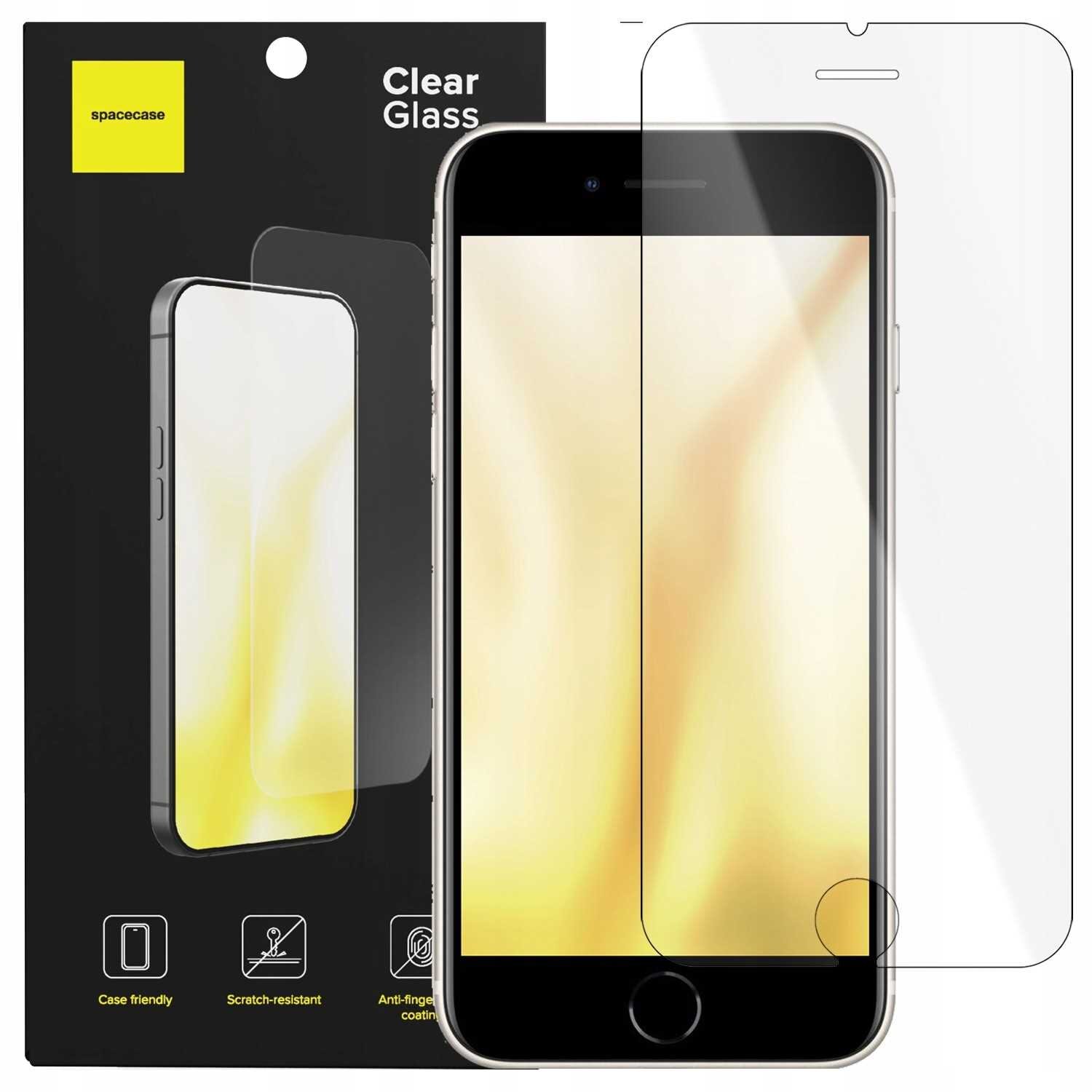 Obraz przedstawia opakowanie szkła hartowanego SPACECASE Clear Glass oraz telefon z nałożonym szkłem ochronnym. Na opakowaniu widnieje napis \'Clear Glass\' oraz logo \'spacecase\'.