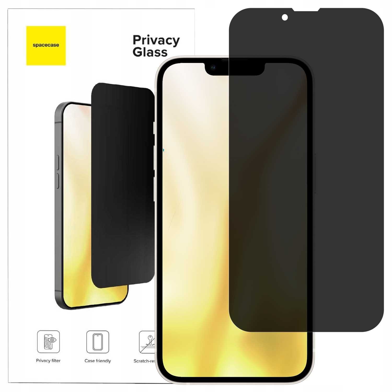 Obraz przedstawia szkło prywatyzujące na telefon z widocznym opakowaniem z napisem \'spacecase Privacy Glass\'. Na opakowaniu znajdują się ikony z opisami: \'Privacy filter\', \'Case friendly\', \'Scratch-resistant\'.