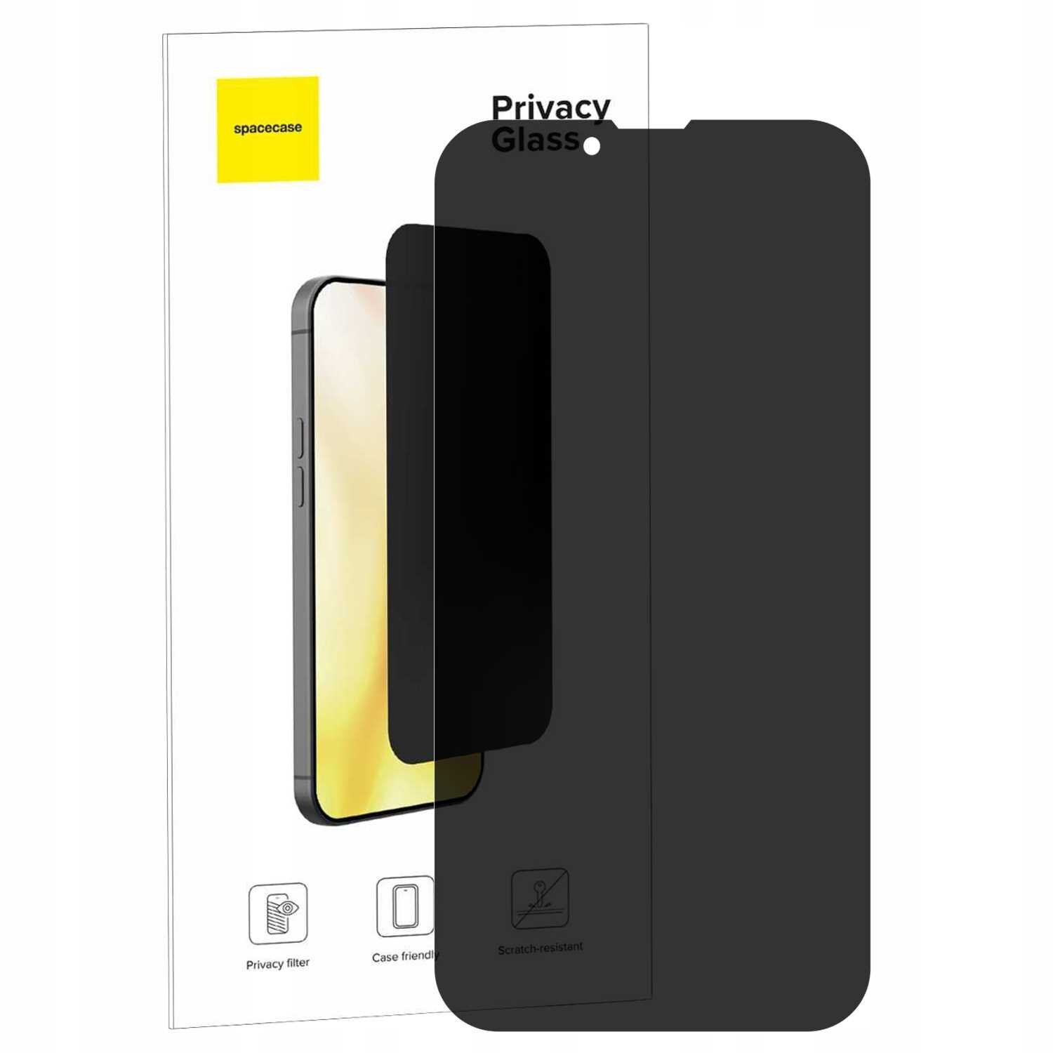 Na obrazie widoczne jest szkło prywatyzujące SPACECASE Glass Privacy do iPhone 13 Pro Max/14 Plus, z ciemnym filtrem i otworem na kamerę. W tle znajduje się opakowanie z logo \'spacecase\' i napisem \'Privacy Glass\'.