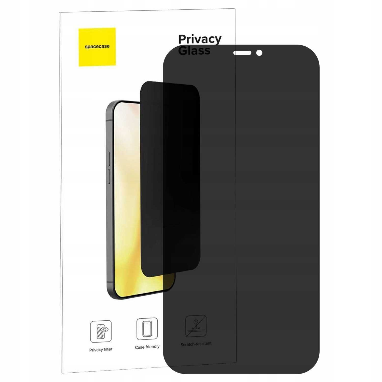 Obraz przedstawia szkło prywatyzujące na telefon, z napisem \'Privacy Glass\'. W tle widoczna jest grafika telefonu oraz logo \'spacecase\'.