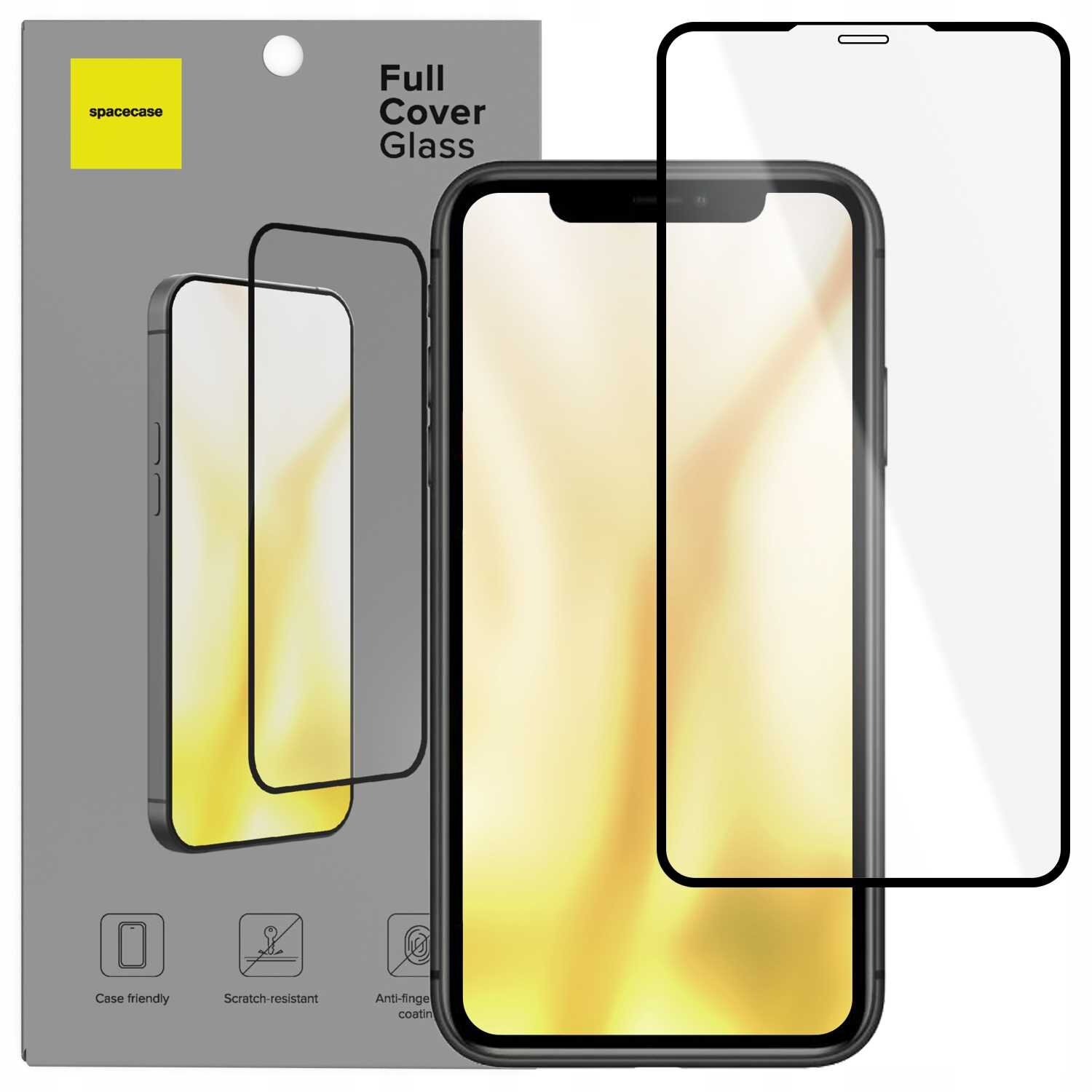 Opakowanie szkła hartowanego SPACECASE Full Cover Glass do iPhone X / XS / 11 Pro z widocznym telefonem i szkłem ochronnym. Na opakowaniu znajdują się ikony z napisami: \'Case friendly\', \'Scratch-resistant\', \'Anti-fingerprint coating\'.
