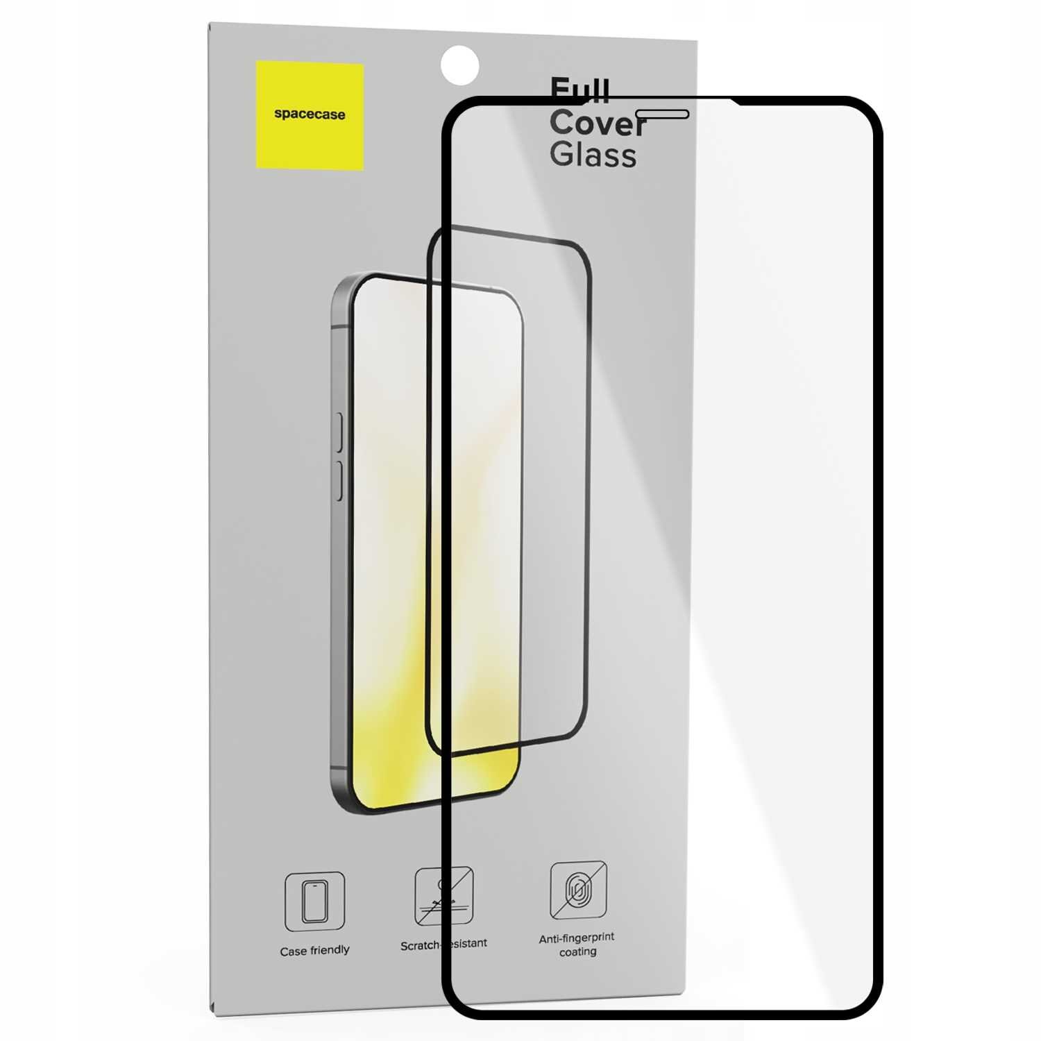 Opakowanie szkła hartowanego SPACECASE Full Cover Glass do iPhone X / XS / 11 Pro z widocznym szkłem na tle grafiki telefonu. Na opakowaniu znajdują się ikony z napisami: \'Case friendly\', \'Scratch resistant\', \'Anti-fingerprint coating\'.